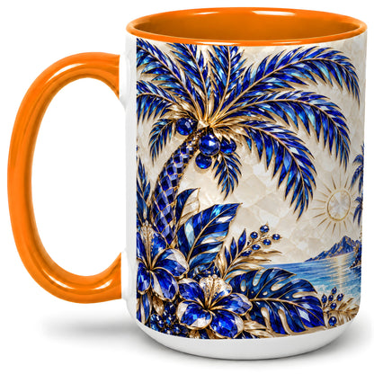 #pl[15oz|Orange] Blue Palm Tropical Ceramic Mug, Floral Coastal Artwork for Beach Fans