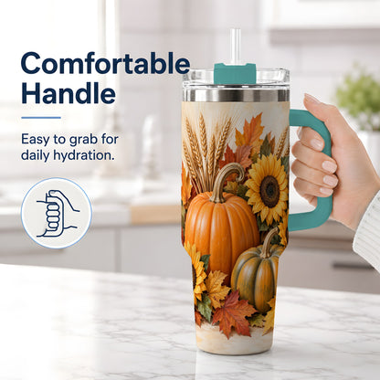 #pl[40oz|Green] Autumn Pumpkin Sunflower 40oz Tumbler, Large Seasonal Drinkware for Fall