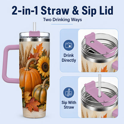 #pl[40oz|Pink] Autumn Pumpkin Sunflower 40oz Tumbler, Large Seasonal Drinkware for Fall