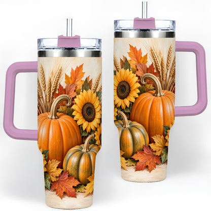 #pl[40oz|Pink] Autumn Pumpkin Sunflower 40oz Tumbler, Large Seasonal Drinkware for Fall