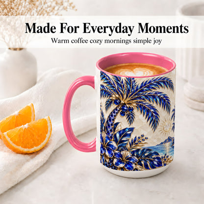 #pl[15oz|Pink] Blue Palm Tropical Ceramic Mug, Floral Coastal Artwork for Beach Fans