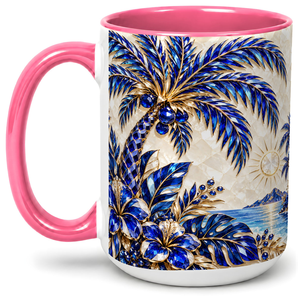 #pl[15oz|Pink] Blue Palm Tropical Ceramic Mug, Floral Coastal Artwork for Beach Fans