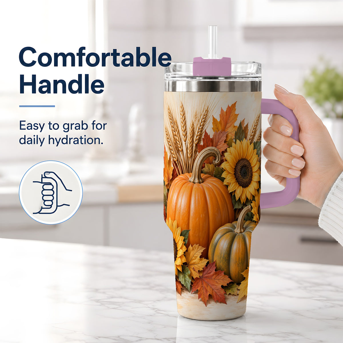 #pl[40oz|Pink] Autumn Pumpkin Sunflower 40oz Tumbler, Large Seasonal Drinkware for Fall