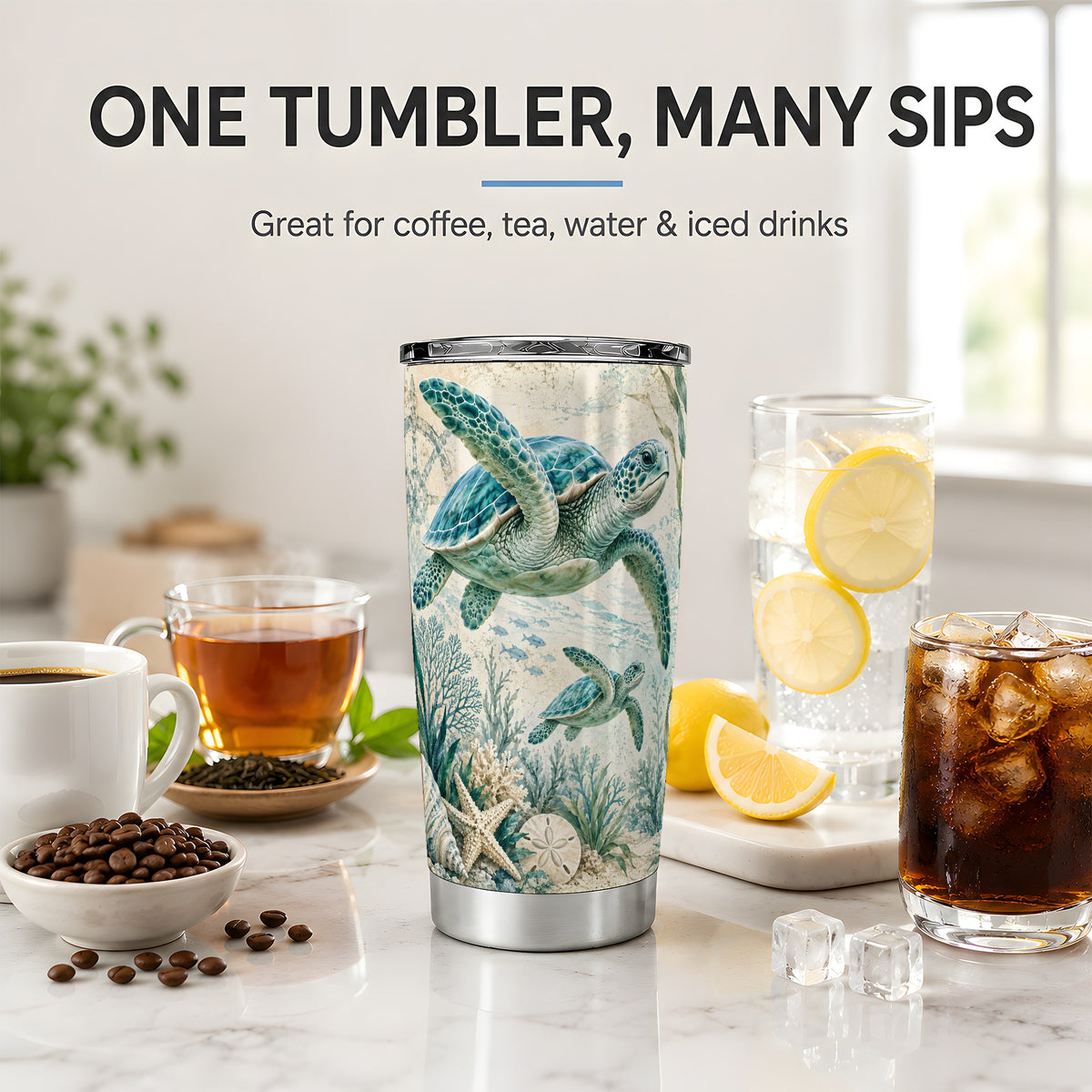 Sea Turtle Coastal 20oz Tumbler, Stainless Steel Drinkware