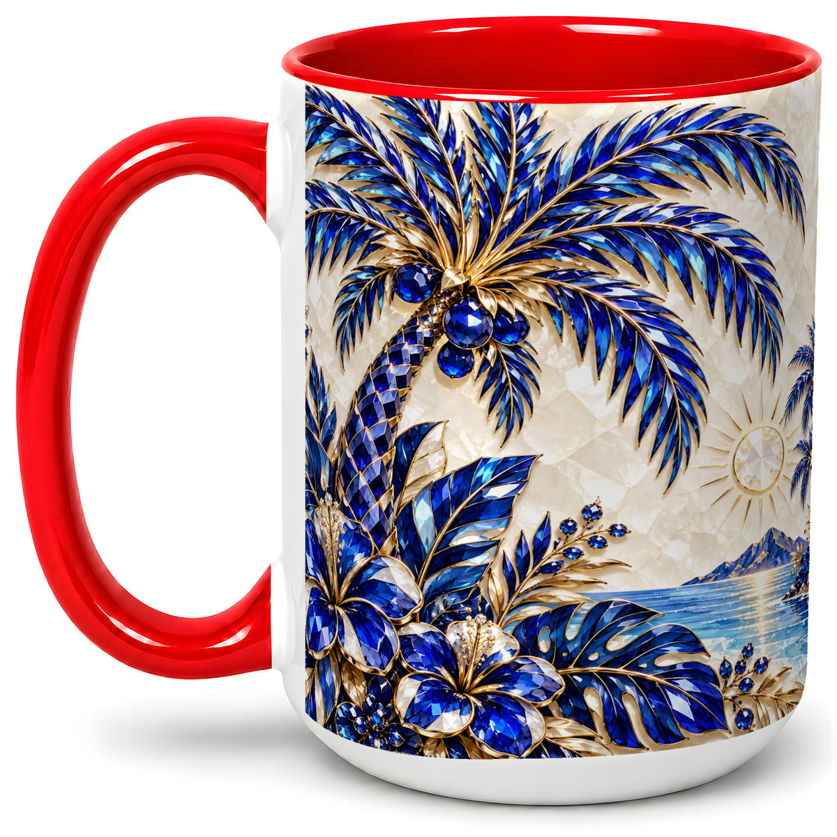 #pl[15oz|Red] Blue Palm Tropical Ceramic Mug, Floral Coastal Artwork for Beach Fans