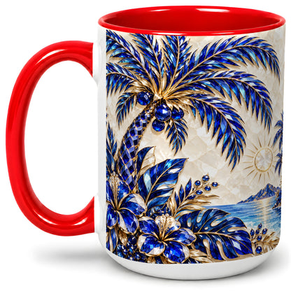 #pl[15oz|Red] Blue Palm Tropical Ceramic Mug, Floral Coastal Artwork for Beach Fans