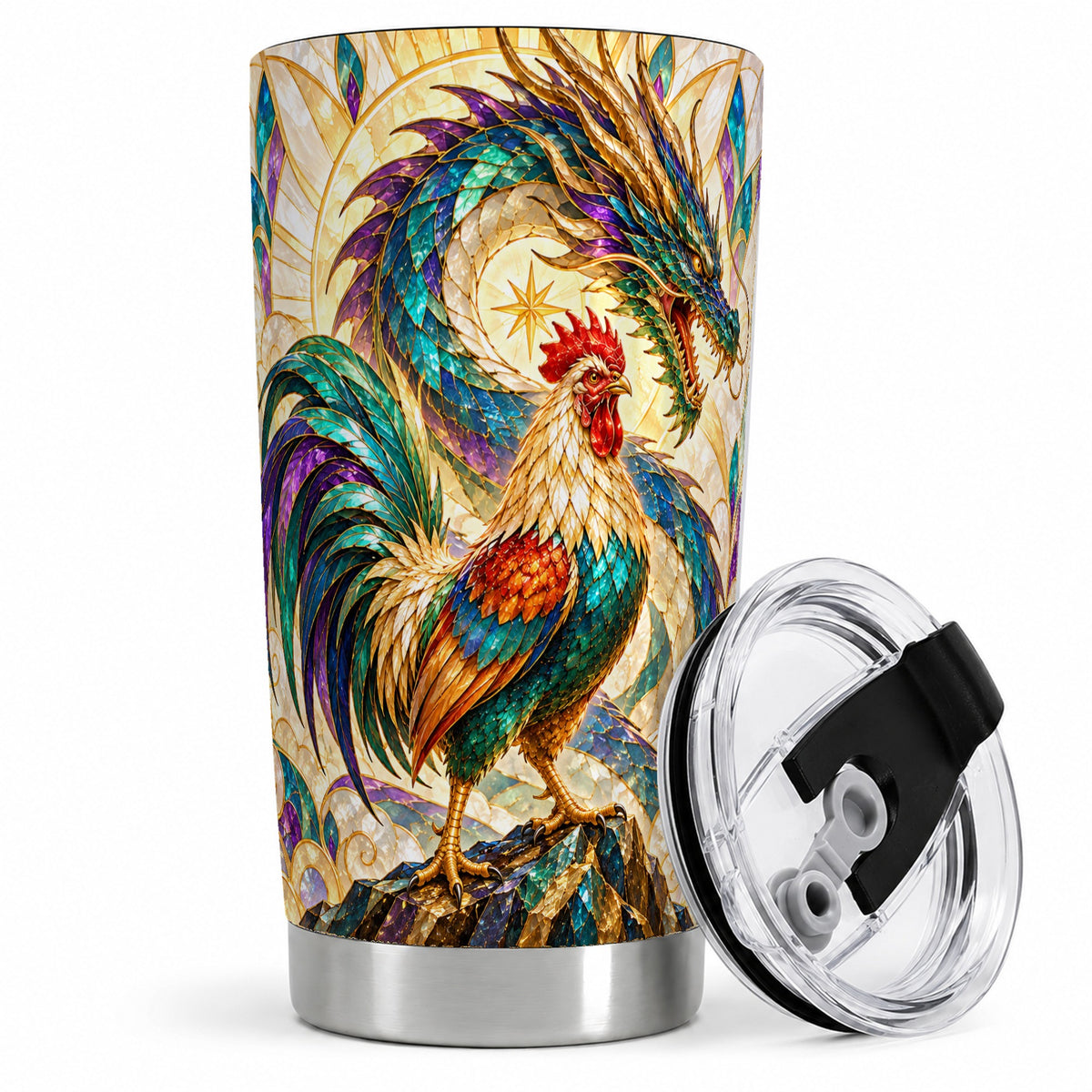 Stained Glass Style Rooster Dragon 20oz Tumbler, Stainless Steel