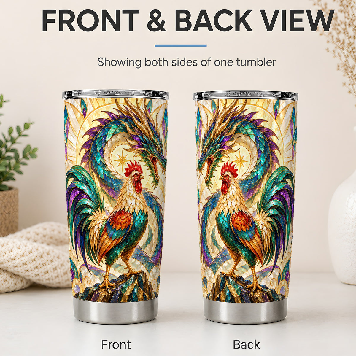 #pl[20oz|Steel] Stained Glass Style Rooster Dragon 20oz Tumbler, Stainless Steel