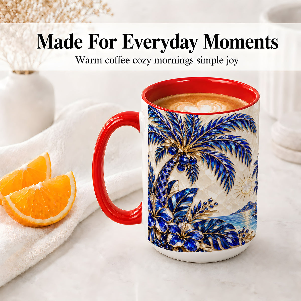 #pl[15oz|Red] Blue Palm Tropical Ceramic Mug, Floral Coastal Artwork for Beach Fans