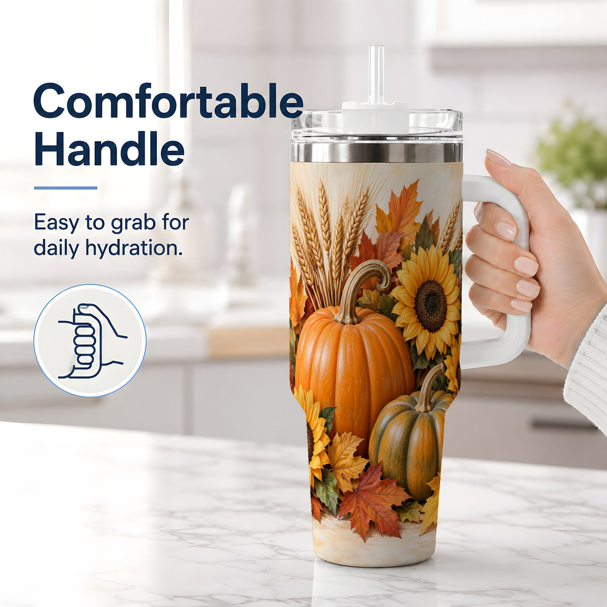 #pl[40oz|White] Autumn Pumpkin Sunflower 40oz Tumbler, Large Seasonal Drinkware for Fall