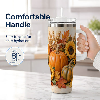 #pl[40oz|White] Autumn Pumpkin Sunflower 40oz Tumbler, Large Seasonal Drinkware for Fall