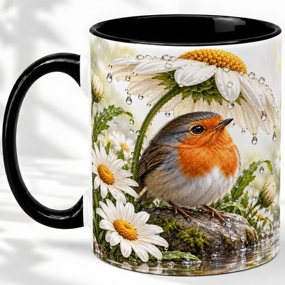 #pl[11oz|Black] Robin Daisy Ceramic Mug, Rainy Garden Bird Artwork for Bird Lovers