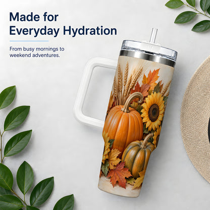 Autumn Pumpkin Sunflower 40oz Tumbler, Large Seasonal Drinkware for Fall