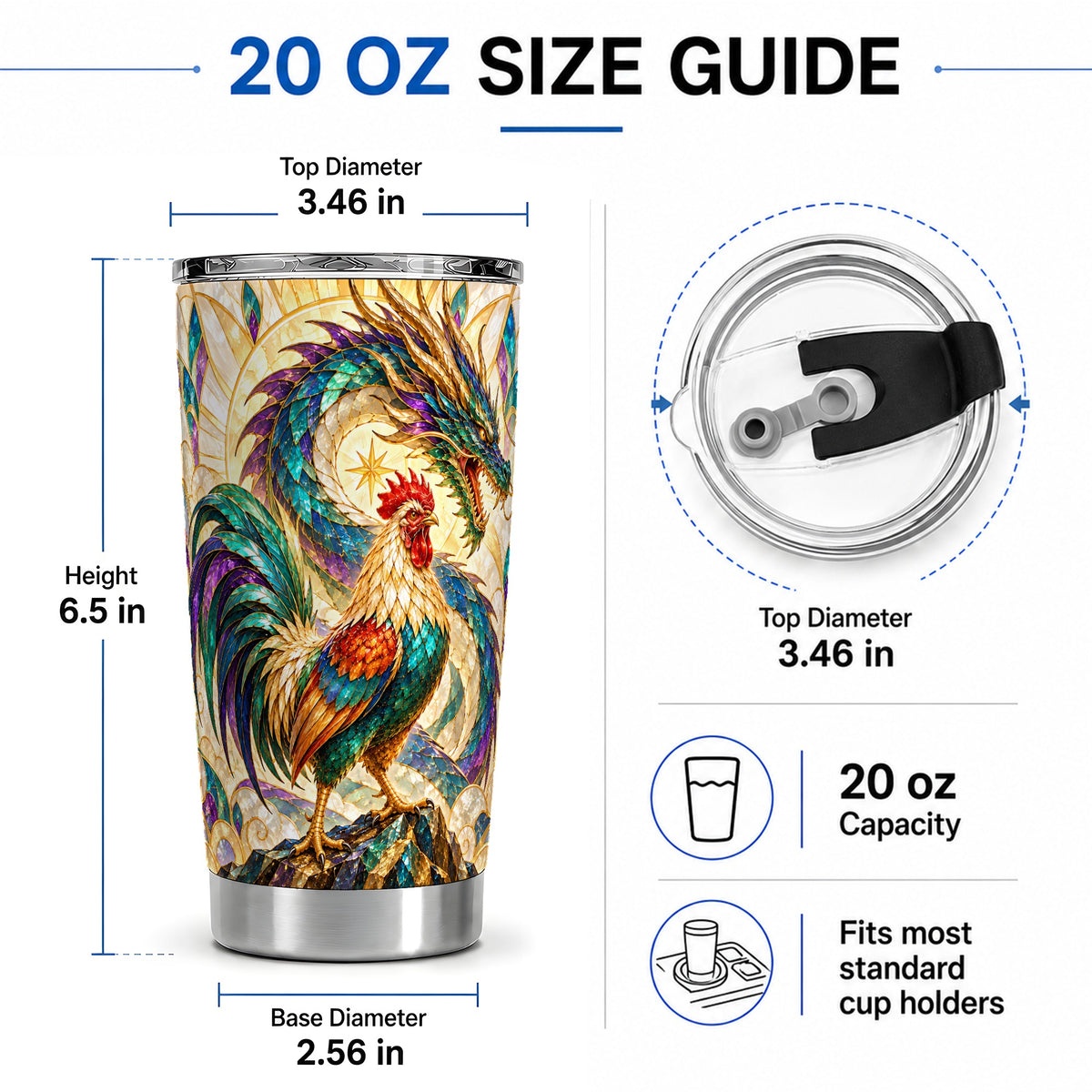 #pl[20oz|Steel] Stained Glass Style Rooster Dragon 20oz Tumbler, Stainless Steel