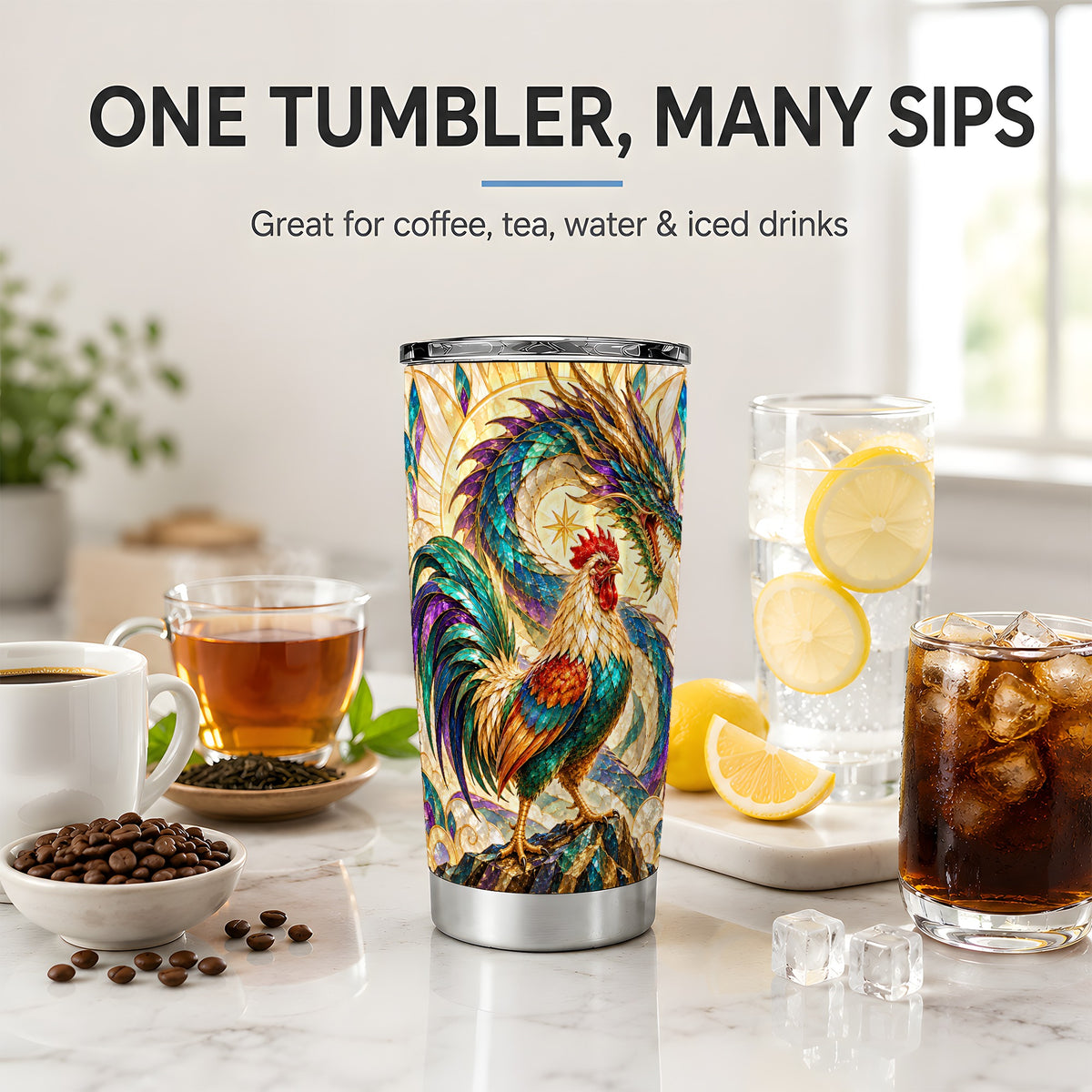Stained Glass Style Rooster Dragon 20oz Tumbler, Stainless Steel