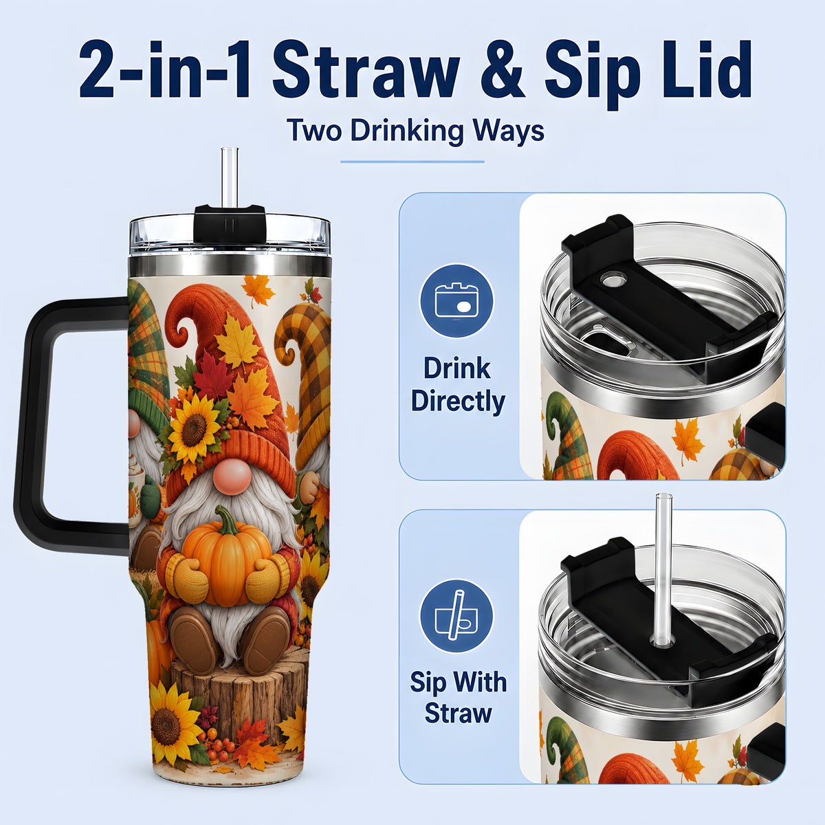 #pl[40oz|Black] Autumn Gnome Pumpkin 40oz Tumbler, Large Seasonal Drinkware for Fall
