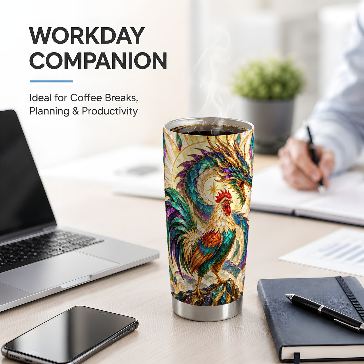 Stained Glass Style Rooster Dragon 20oz Tumbler, Stainless Steel