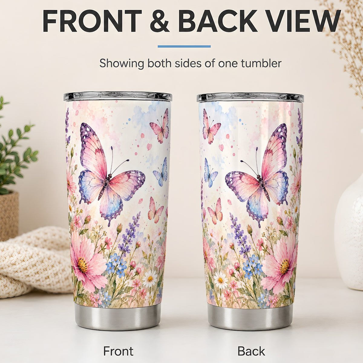 #pl[20oz|Steel] Watercolor Butterfly Wildflower 20oz Tumbler, Stainless Steel