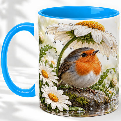 #pl[11oz|Blue] Robin Daisy Ceramic Mug, Rainy Garden Bird Artwork for Bird Lovers