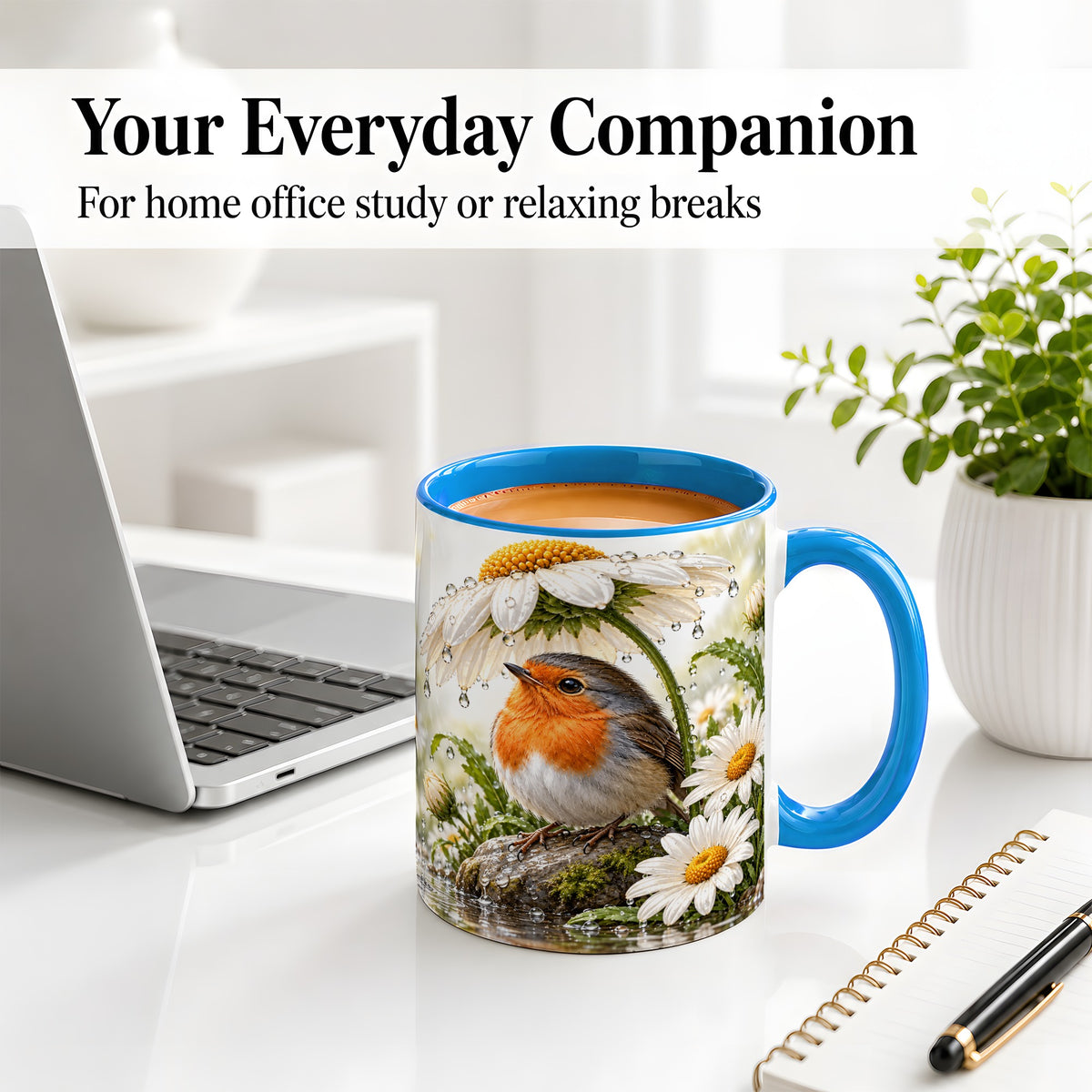 #pl[11oz|Blue] Robin Daisy Ceramic Mug, Rainy Garden Bird Artwork for Bird Lovers