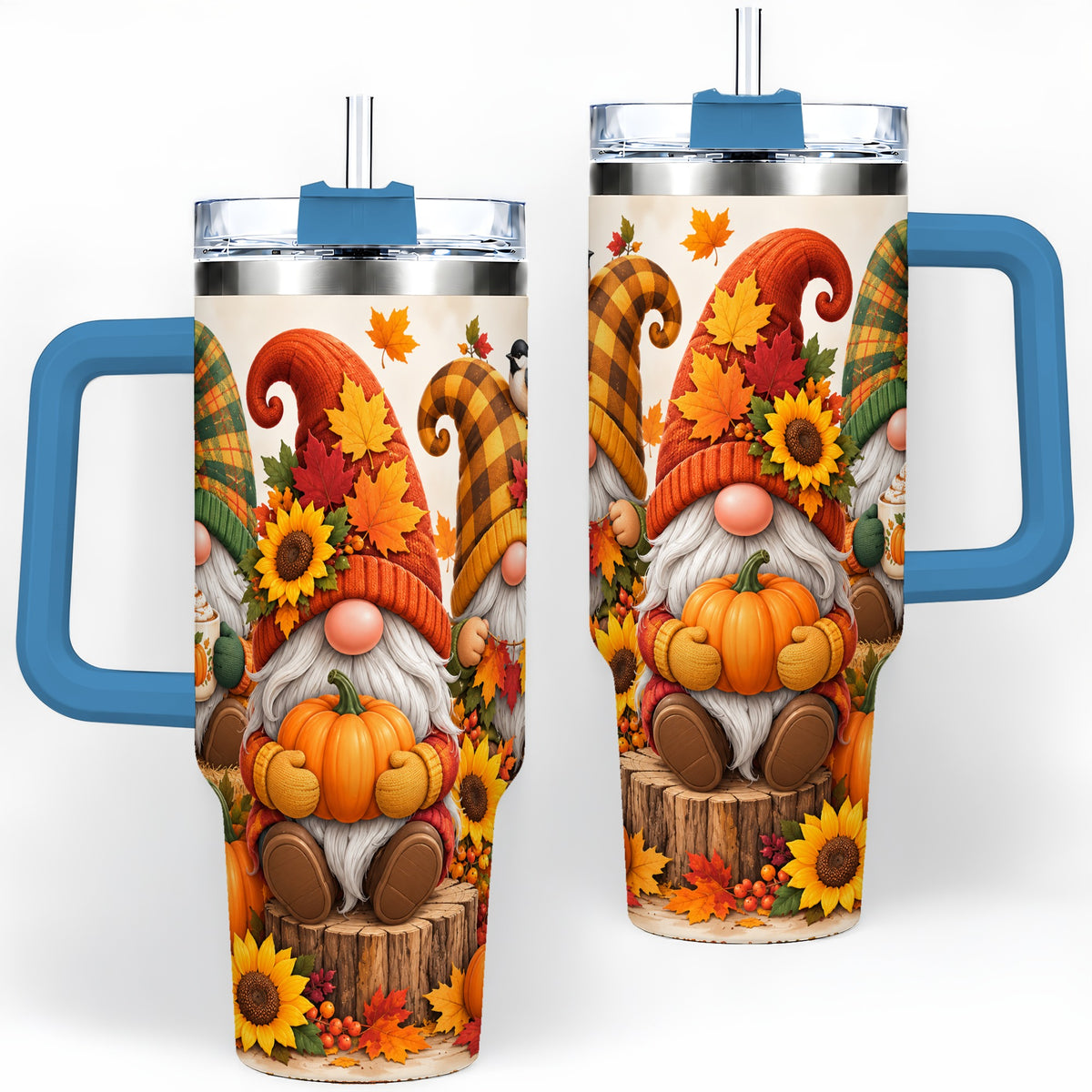 #pl[40oz|Blue] Autumn Gnome Pumpkin 40oz Tumbler, Large Seasonal Drinkware for Fall