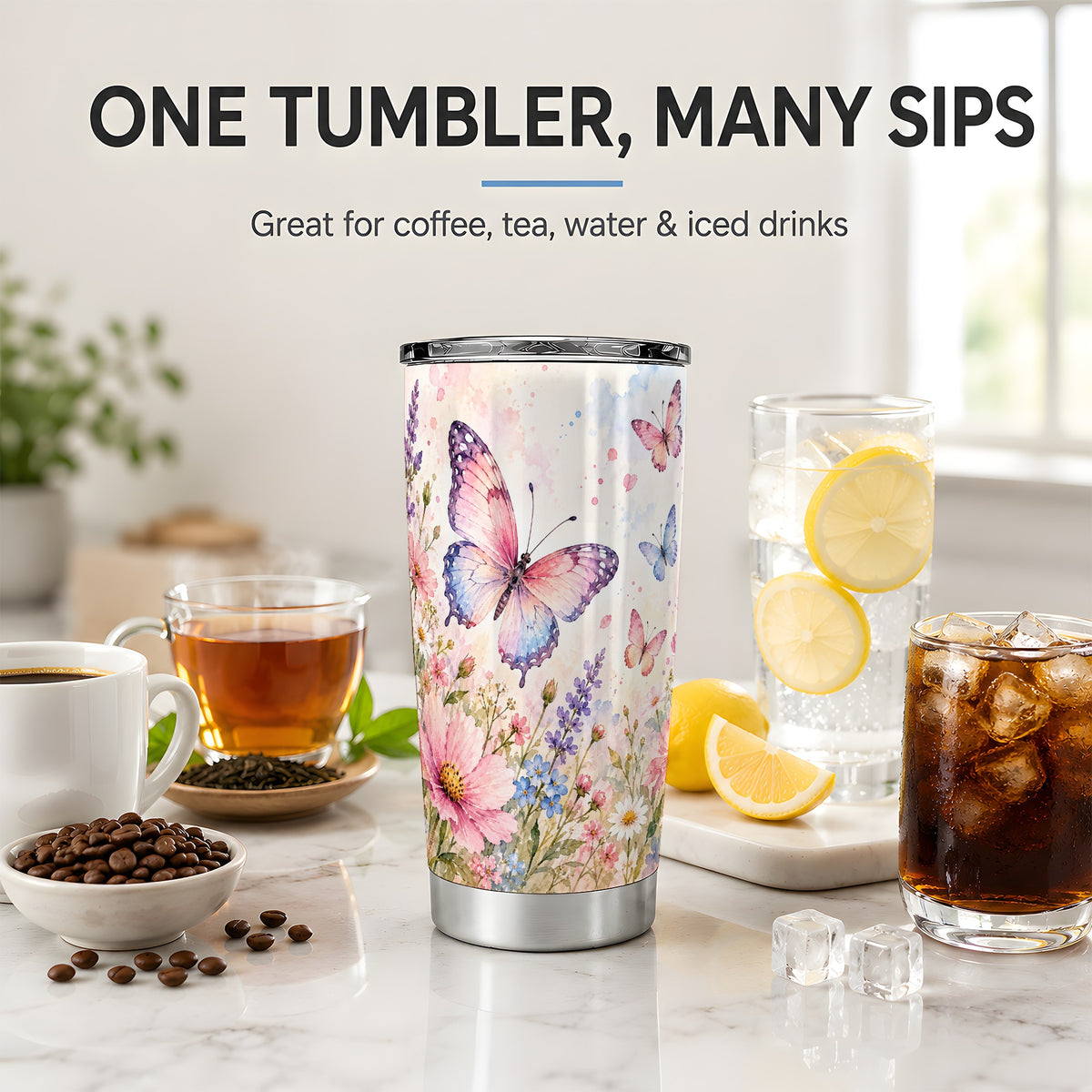 Watercolor Butterfly Wildflower 20oz Tumbler, Stainless Steel