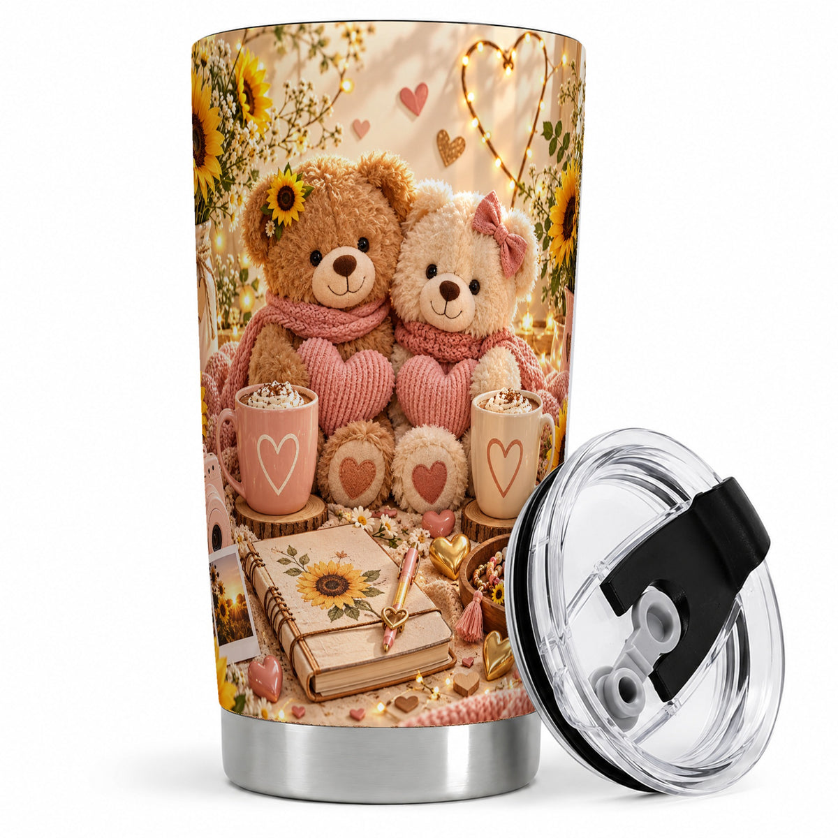 Teddy Bear Sunflower Hearts 20oz Tumbler, Stainless Steel