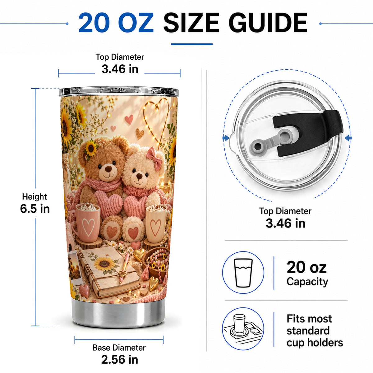 #pl[20oz|Steel] Teddy Bear Sunflower Hearts 20oz Tumbler, Stainless Steel