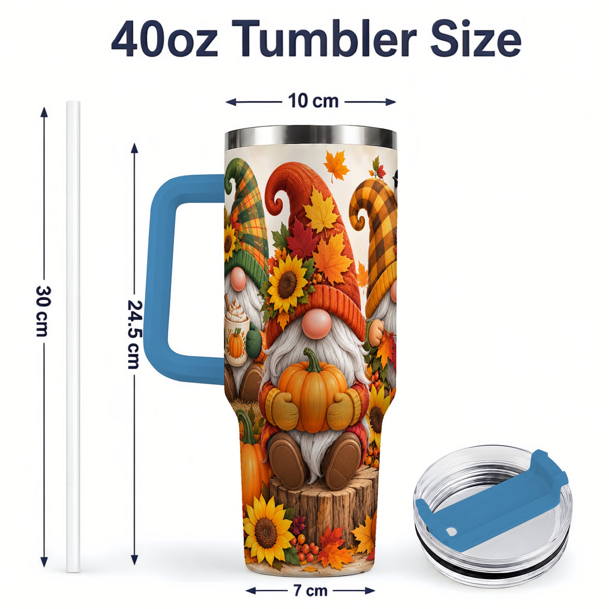 #pl[40oz|Blue] Autumn Gnome Pumpkin 40oz Tumbler, Large Seasonal Drinkware for Fall