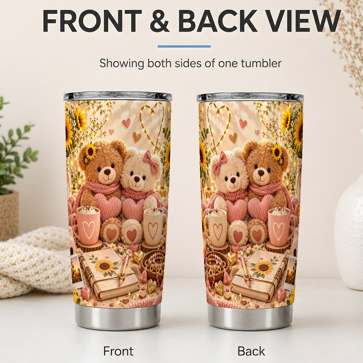 #pl[20oz|Steel] Teddy Bear Sunflower Hearts 20oz Tumbler, Stainless Steel