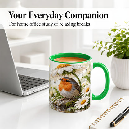 #pl[11oz|Green] Robin Daisy Ceramic Mug, Rainy Garden Bird Artwork for Bird Lovers