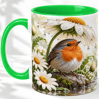 #pl[11oz|Green] Robin Daisy Ceramic Mug, Rainy Garden Bird Artwork for Bird Lovers