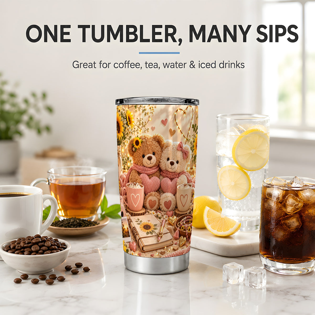 Teddy Bear Sunflower Hearts 20oz Tumbler, Stainless Steel