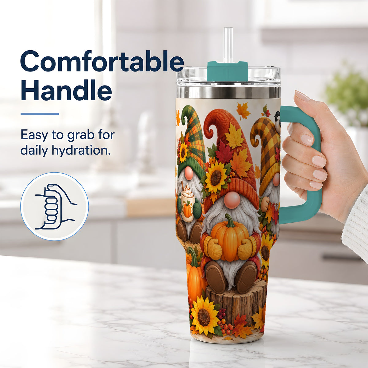 #pl[40oz|Green] Autumn Gnome Pumpkin 40oz Tumbler, Large Seasonal Drinkware for Fall