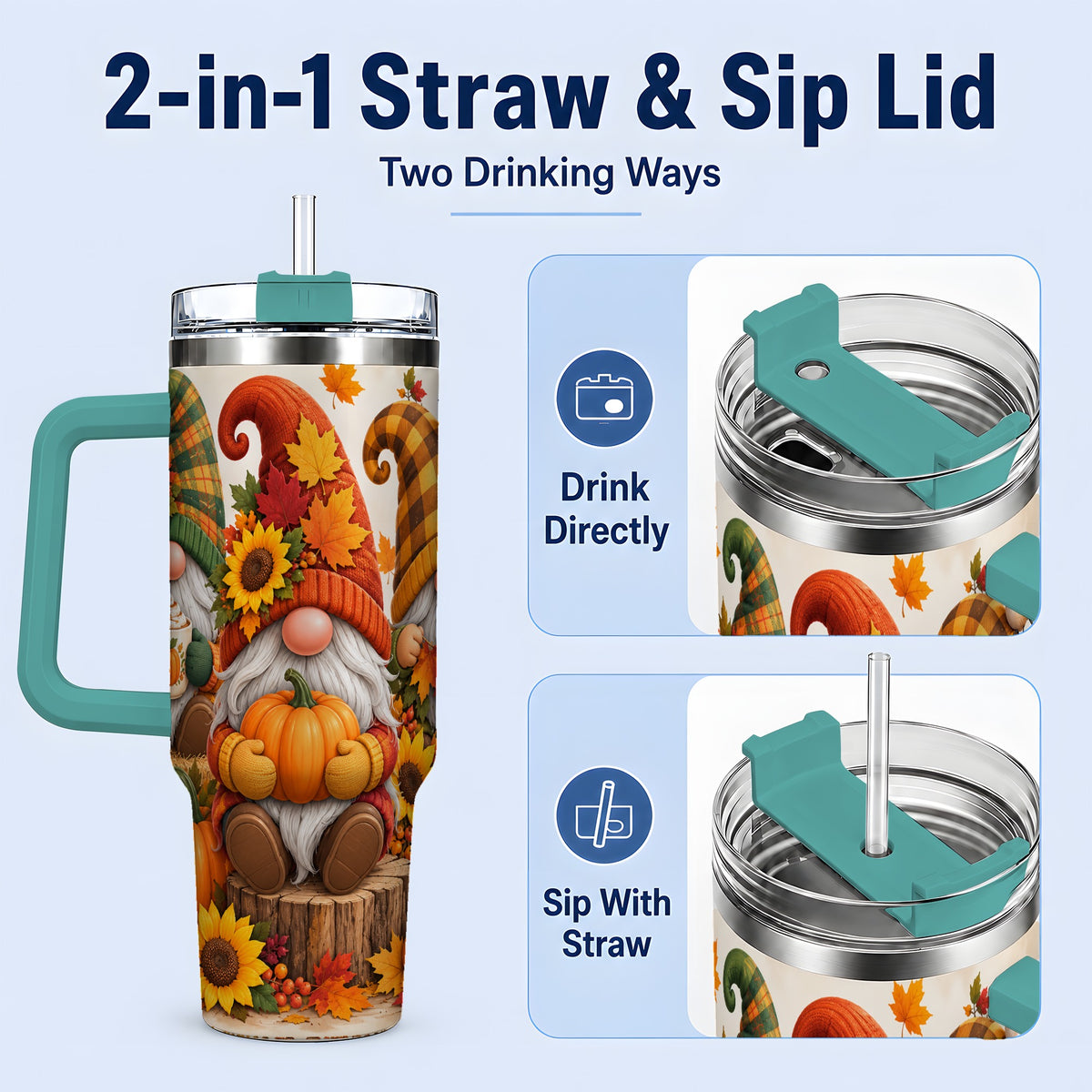 #pl[40oz|Green] Autumn Gnome Pumpkin 40oz Tumbler, Large Seasonal Drinkware for Fall