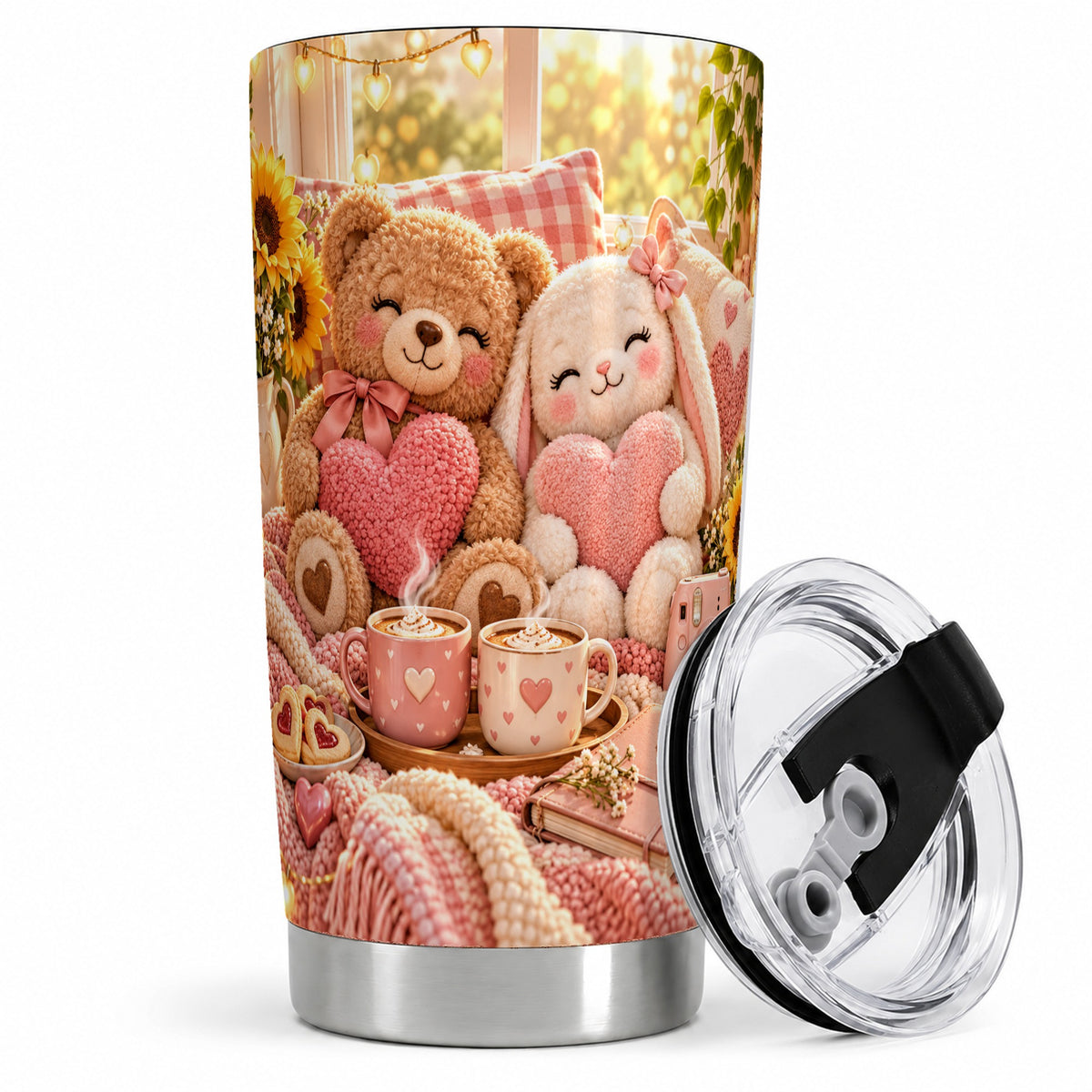 Teddy Bear Bunny Hearts 20oz Tumbler, Stainless Steel