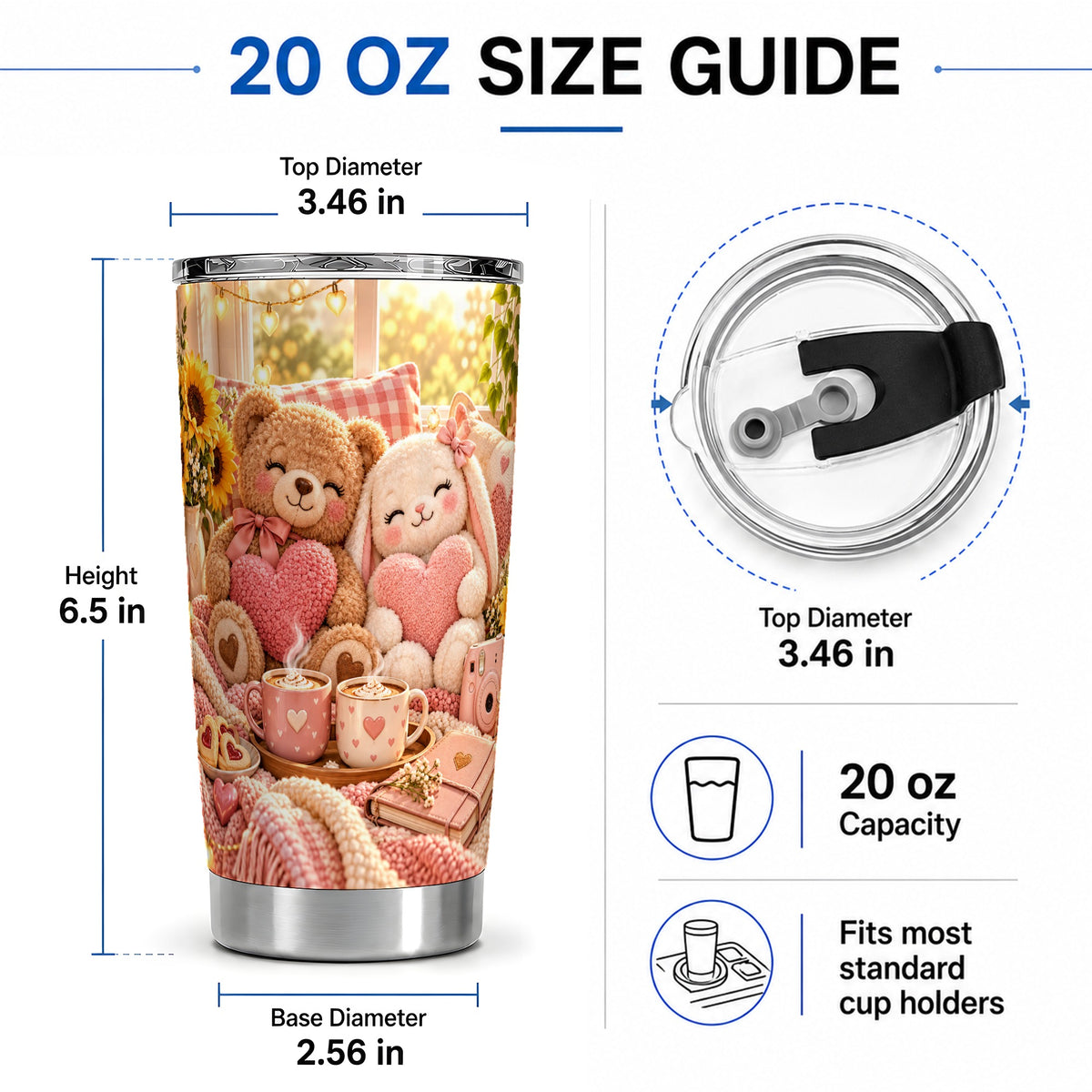 #pl[20oz|Steel] Teddy Bear Bunny Hearts 20oz Tumbler, Stainless Steel