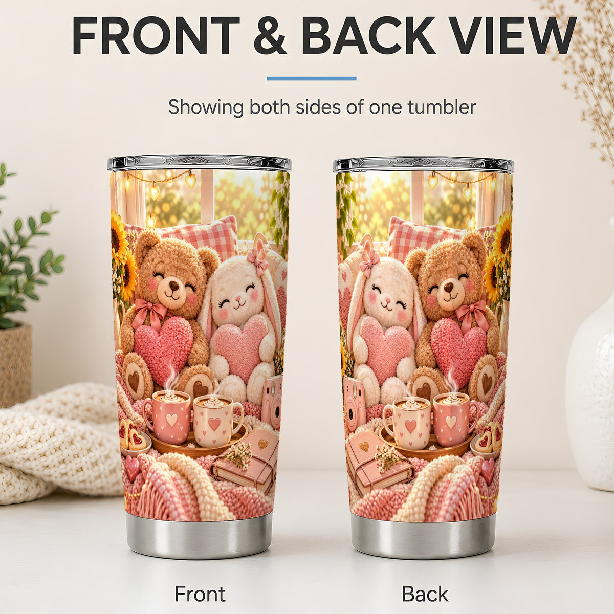 #pl[20oz|Steel] Teddy Bear Bunny Hearts 20oz Tumbler, Stainless Steel