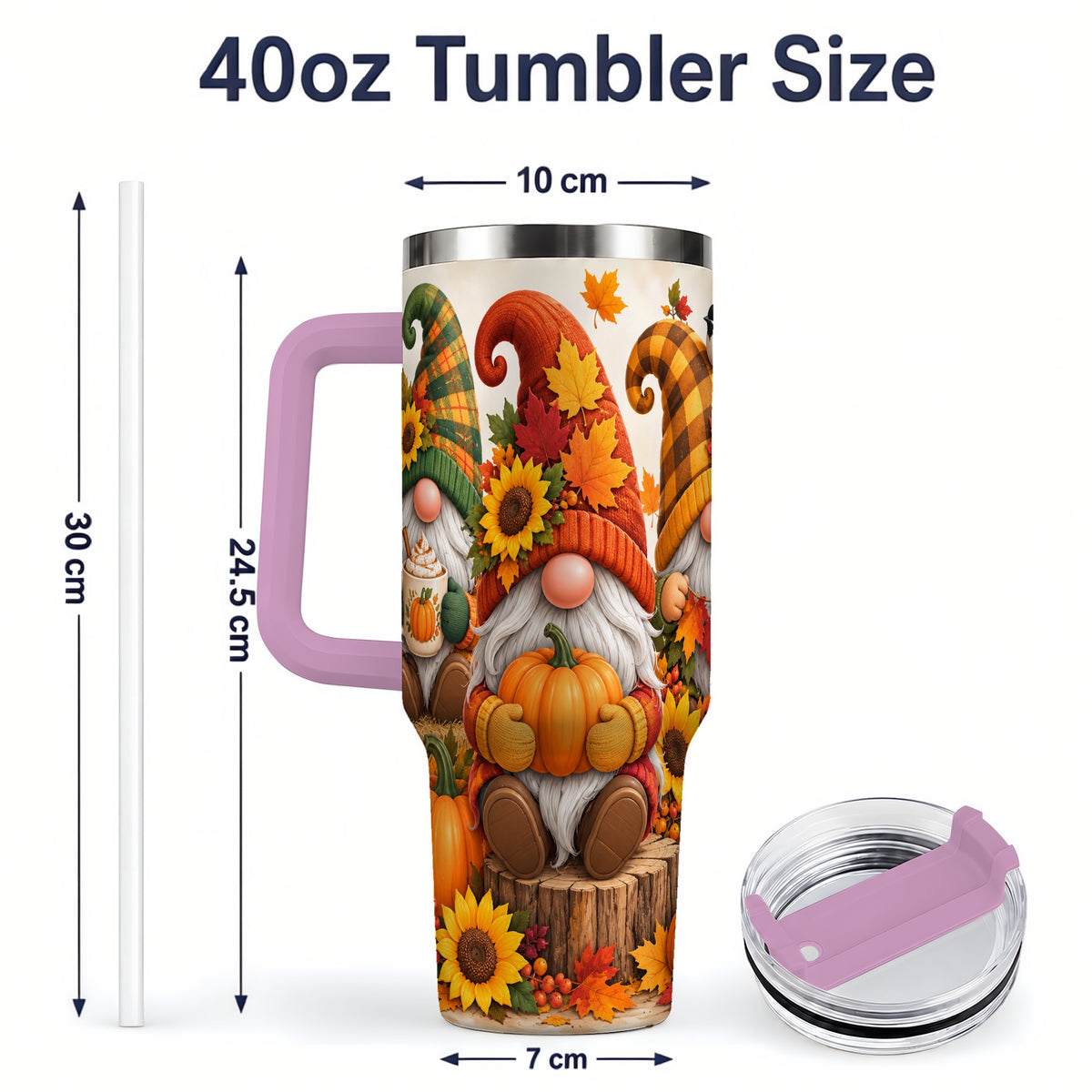 #pl[40oz|Pink] Autumn Gnome Pumpkin 40oz Tumbler, Large Seasonal Drinkware for Fall