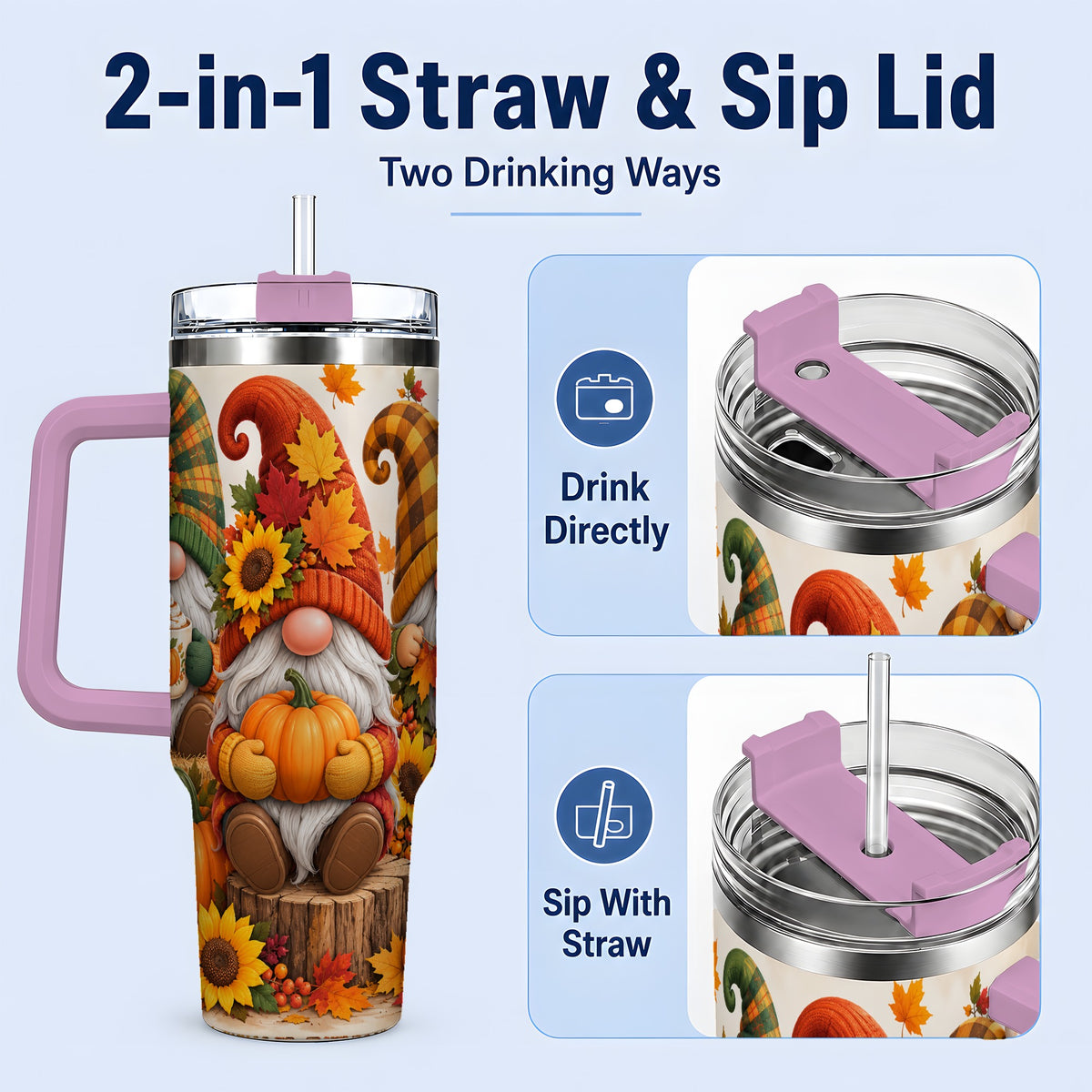 #pl[40oz|Pink] Autumn Gnome Pumpkin 40oz Tumbler, Large Seasonal Drinkware for Fall