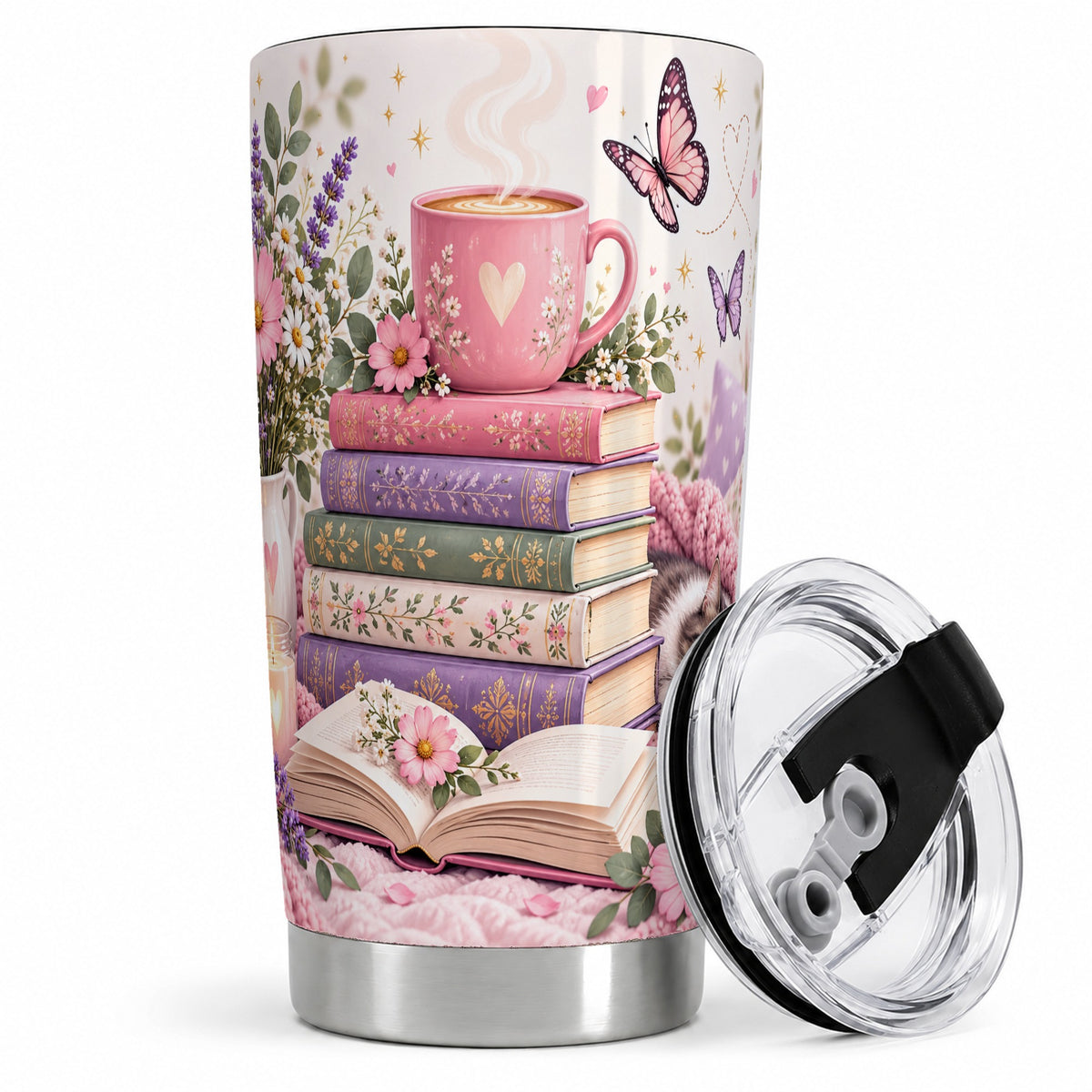 Cozy Reading Cat Floral 20oz Tumbler, Stainless Steel