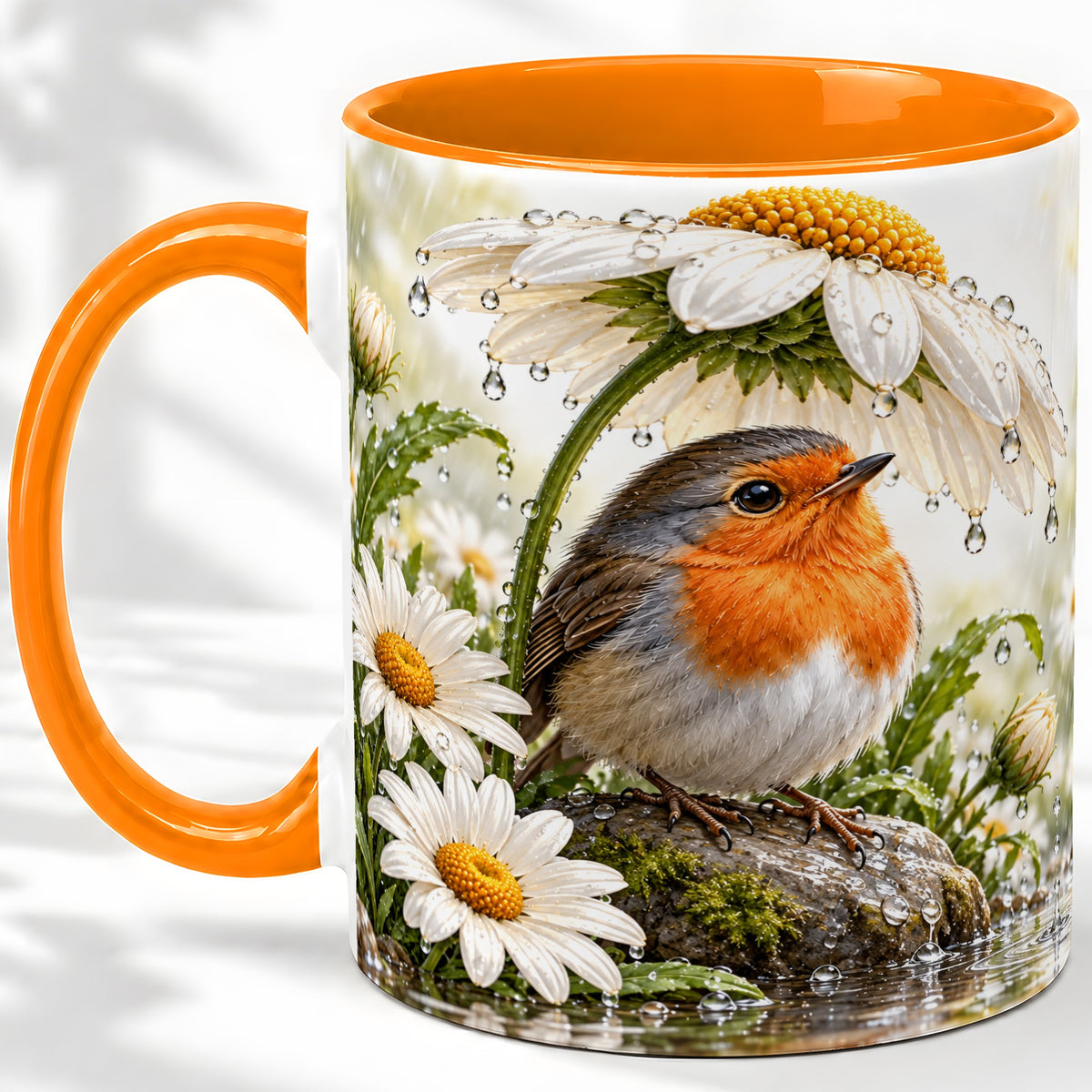 #pl[11oz|Orange] Robin Daisy Ceramic Mug, Rainy Garden Bird Artwork for Bird Lovers