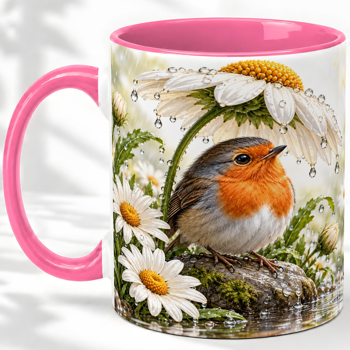 #pl[11oz|Pink] Robin Daisy Ceramic Mug, Rainy Garden Bird Artwork for Bird Lovers