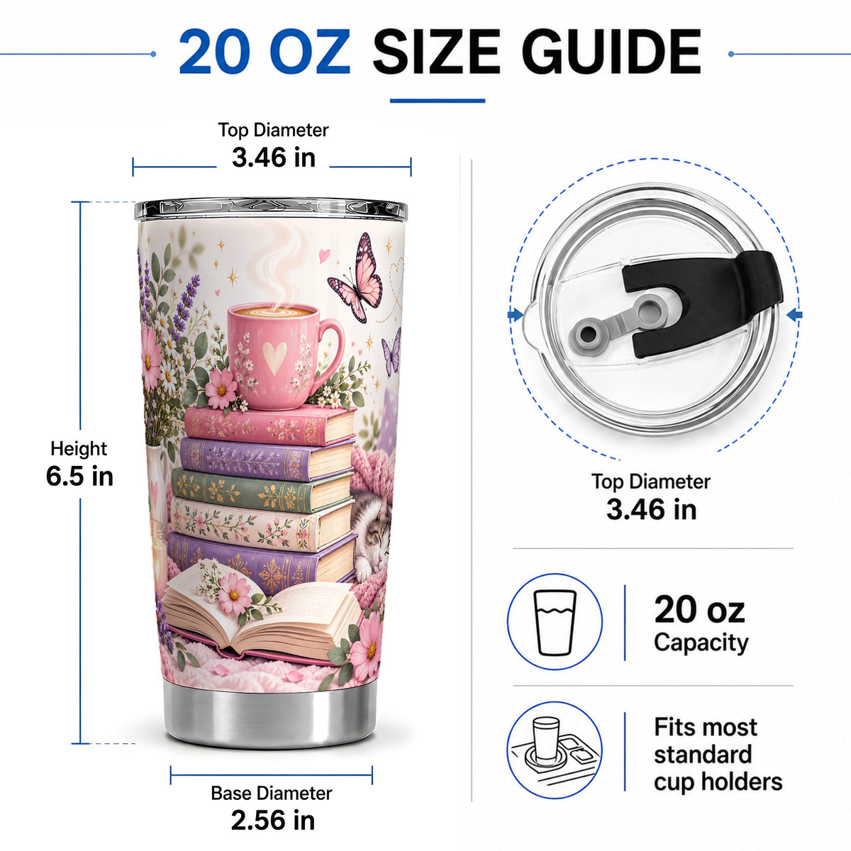 #pl[20oz|Steel] Cozy Reading Cat Floral 20oz Tumbler, Stainless Steel