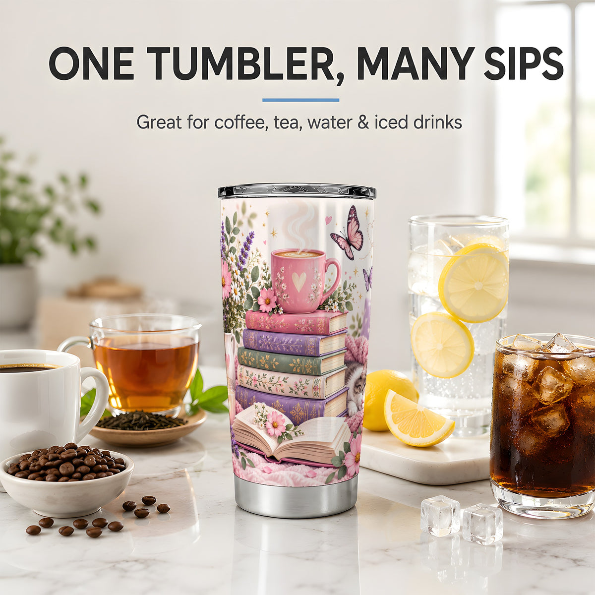 Cozy Reading Cat Floral 20oz Tumbler, Stainless Steel
