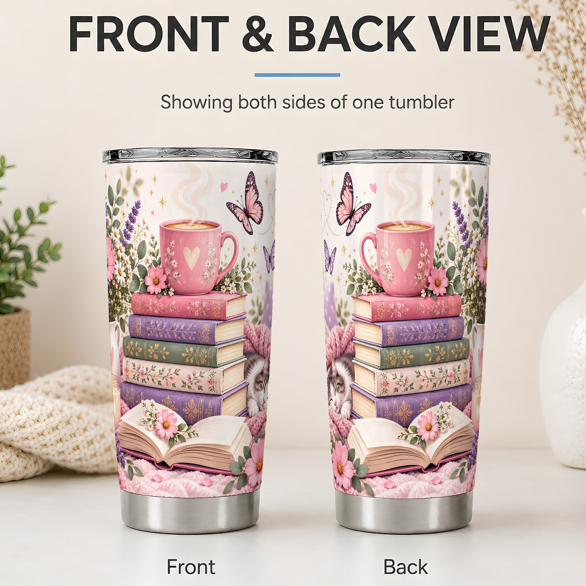#pl[20oz|Steel] Cozy Reading Cat Floral 20oz Tumbler, Stainless Steel