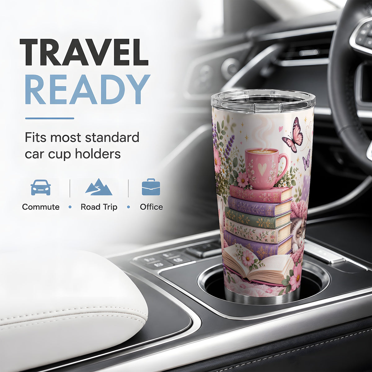 Cozy Reading Cat Floral 20oz Tumbler, Stainless Steel