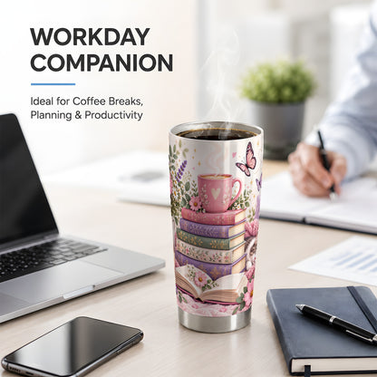Cozy Reading Cat Floral 20oz Tumbler, Stainless Steel