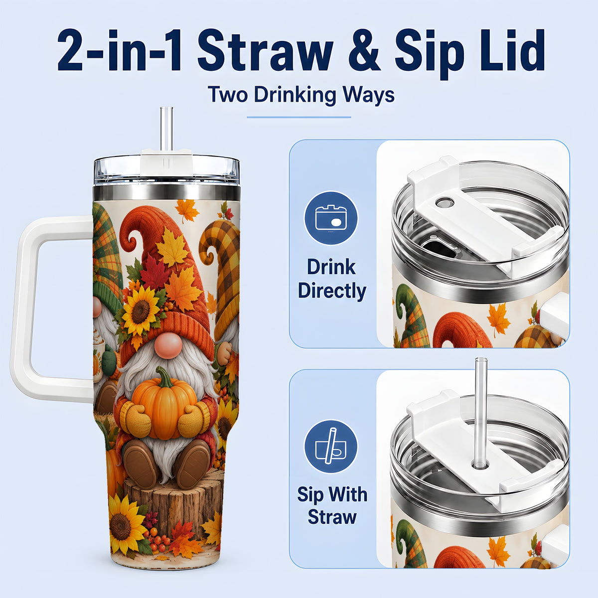 #pl[40oz|White] Autumn Gnome Pumpkin 40oz Tumbler, Large Seasonal Drinkware for Fall