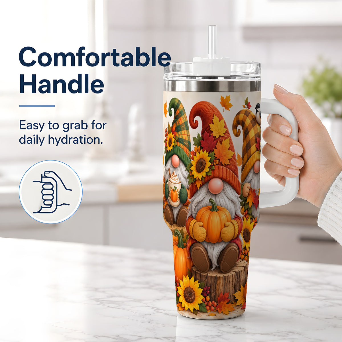 #pl[40oz|White] Autumn Gnome Pumpkin 40oz Tumbler, Large Seasonal Drinkware for Fall